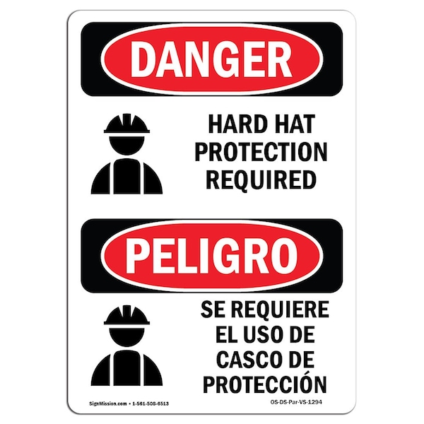OSHA Sign, Hard Hat Protection Required Bilingual, 14in X 10in Alum, 10" W, 14" H, Spanish